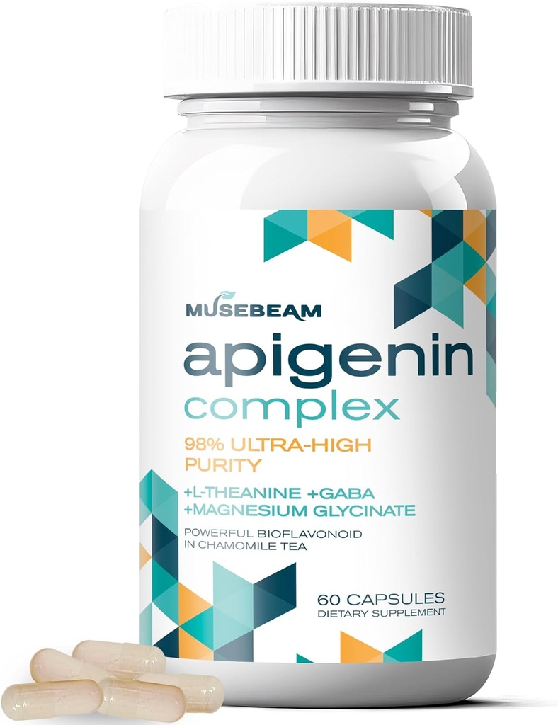 Supplément d'apigenine pour le repos et le soutien de la relaxation - 50 mg d'apigenine par gélule avec glycinate de magnésium 275mg L-Theanine 100mg GABA 100mg - 98% ultra-haute pureté