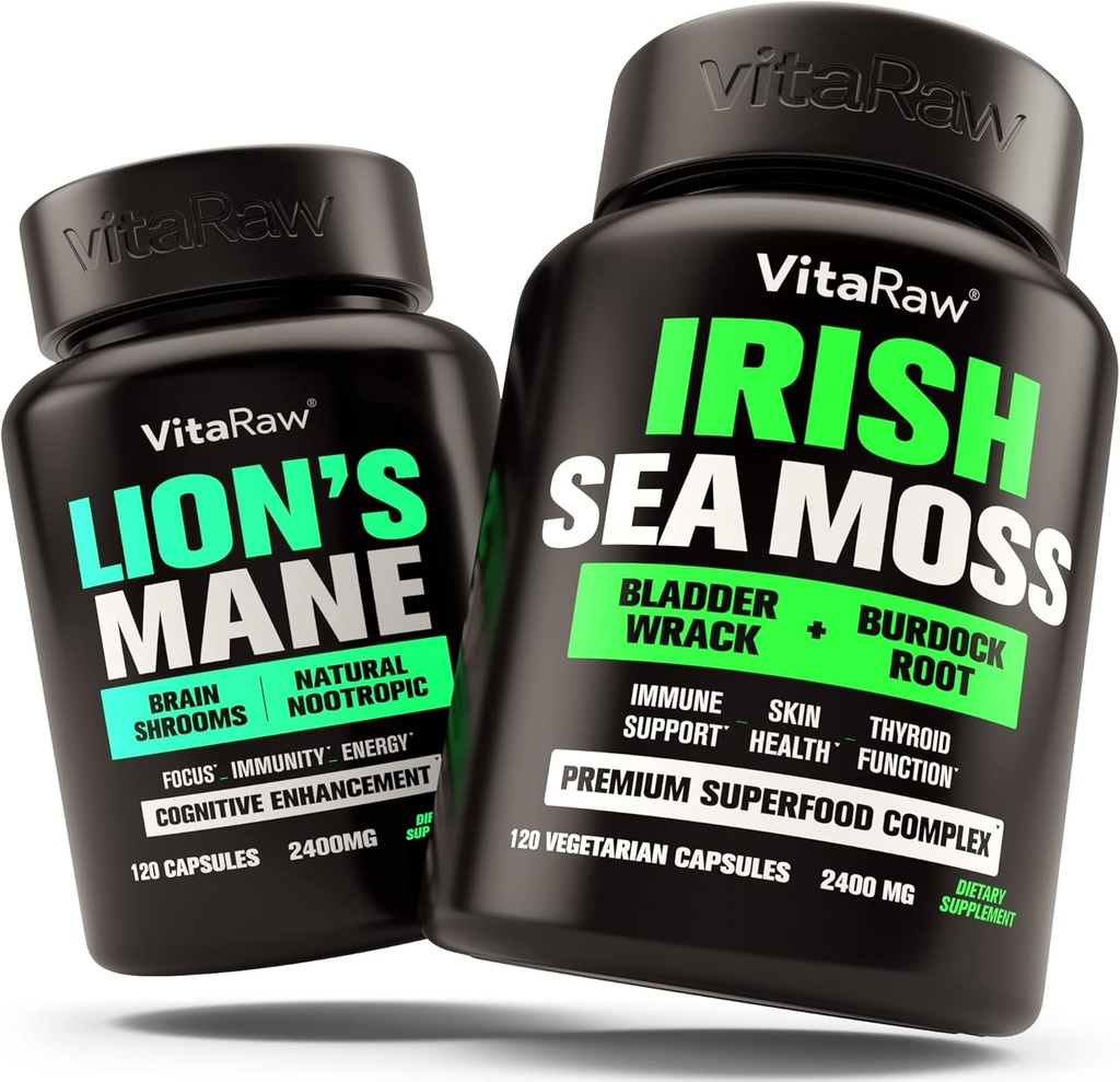 Lions Mane Champignon + Irish Sea Moss - Brain Booster Mémoire & Énergie + Immunissance Support, Joint & Thyroïde et Gut Health