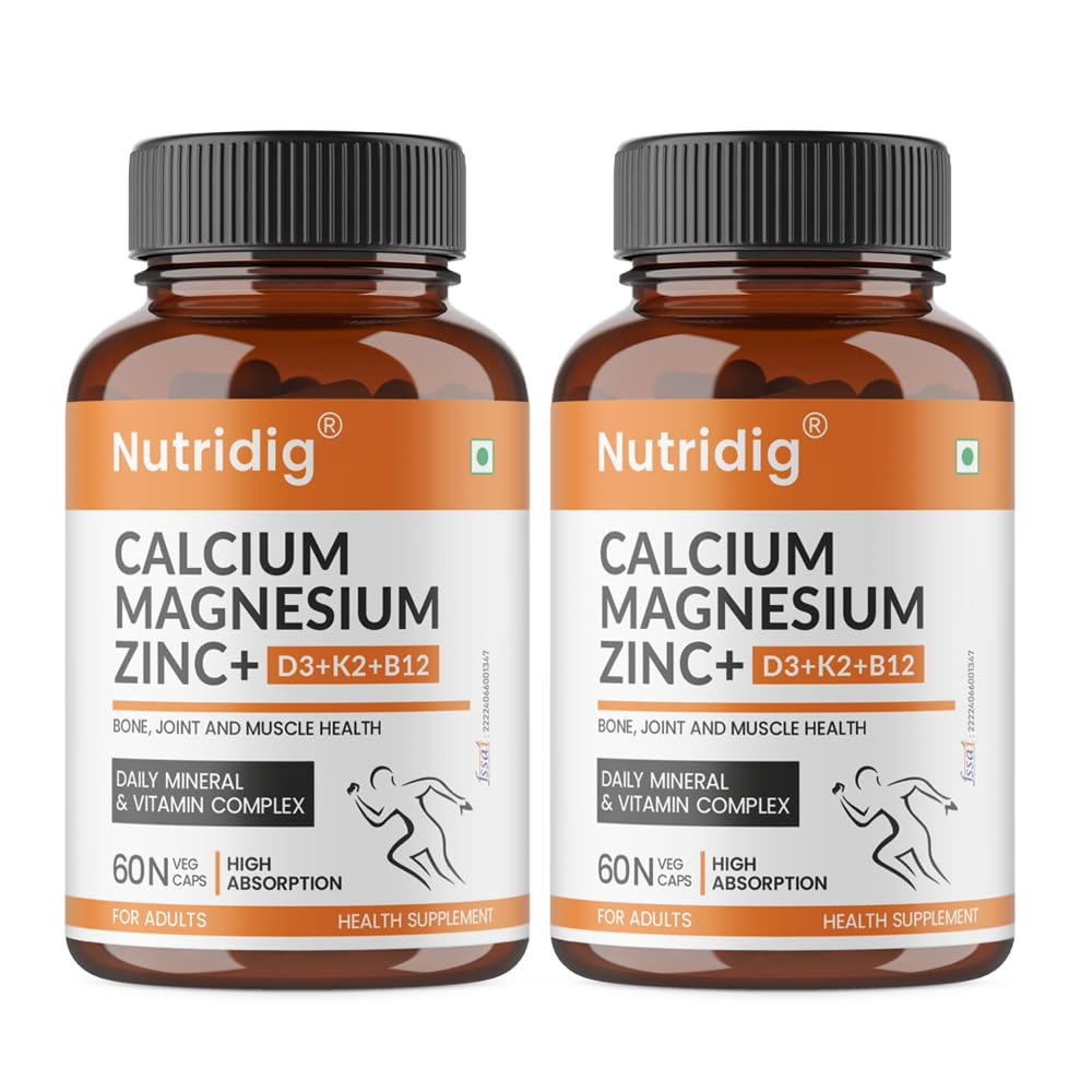 Veg Calcium Magnesium Zinc Supplement with Vitamin D3, K2 MK7 & B12 | Daily Bone, Muscle & Mineral Nutrition for Men & Women - 60 Capsules - Pack of 2