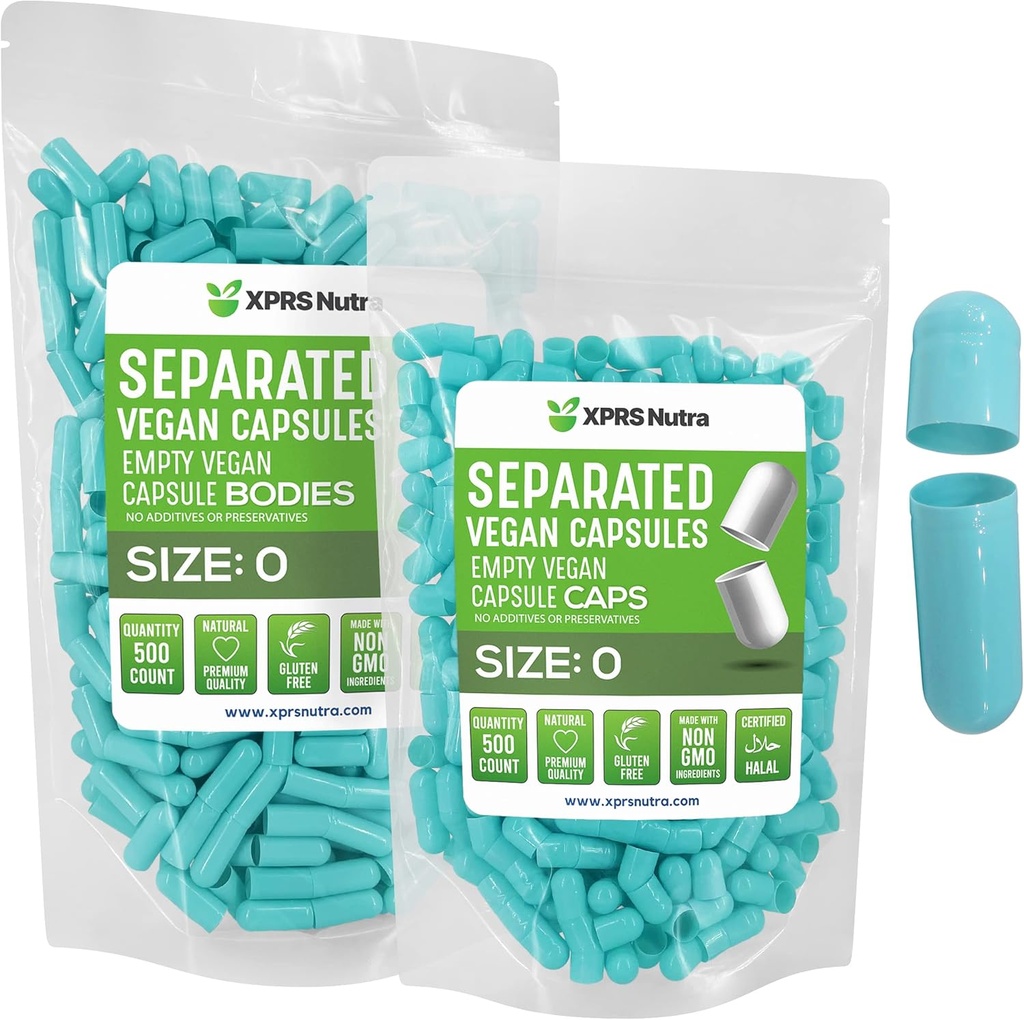 XPRS Nutra Vegan Taille 0 Capsules séparées - 500 Compte Capsules vides Premium Séparées dans des sacs - Pills 0 Vidées pour le remplissage de supplément de bricolage (Aqua)