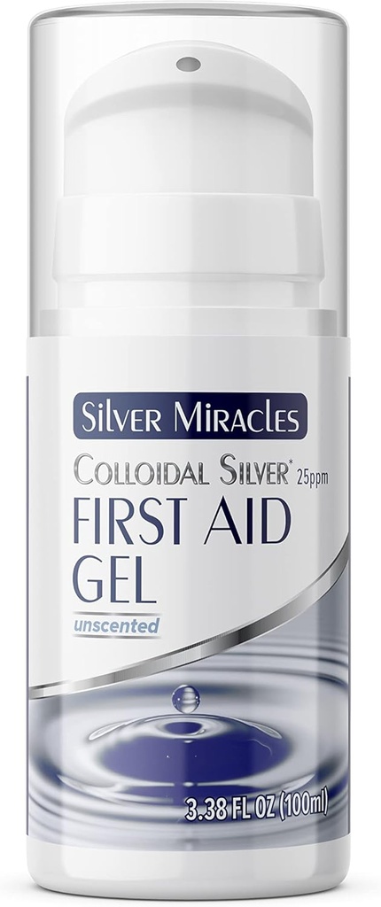 Miracles d'argent - Gel colloïdal de premiers soins d'argent - Bouteille sans air - Nano Silver Gel Wound Care - Onguent de guérison pour brûlures, brûlures du soleil et peau irritée - Non parfumé -3,38 OZ - 25 PPM