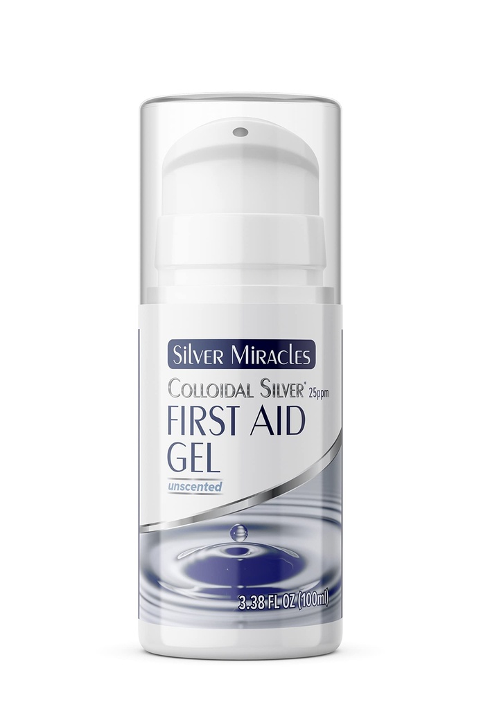 Miracles d'argent - Gel colloïdal de premiers soins d'argent - Bouteille sans air - Nano Silver Gel Wound Care - Onguent de guérison pour brûlures, brûlures du soleil et peau irritée - Non parfumé -3,38 OZ - 25 PPM