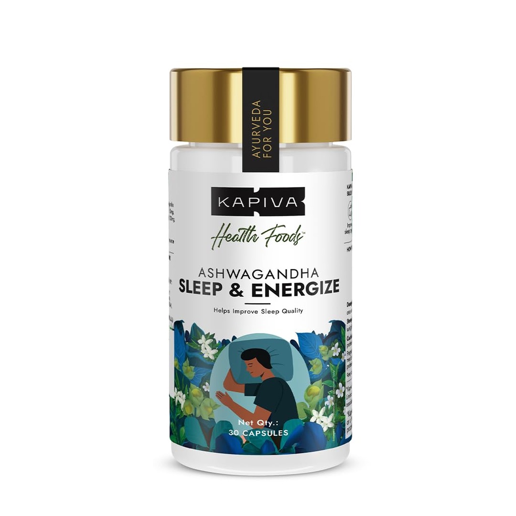 Kapiva Ashwagandha Sleep & Energize Capsules | 5-Herb Ayurvedic Formula | Improves Sleep Quality, Reduces Stress & Boosts Morning Energy | With Brahmi, Tagara, Jatamansi & Chaye | Non-Habit Forming