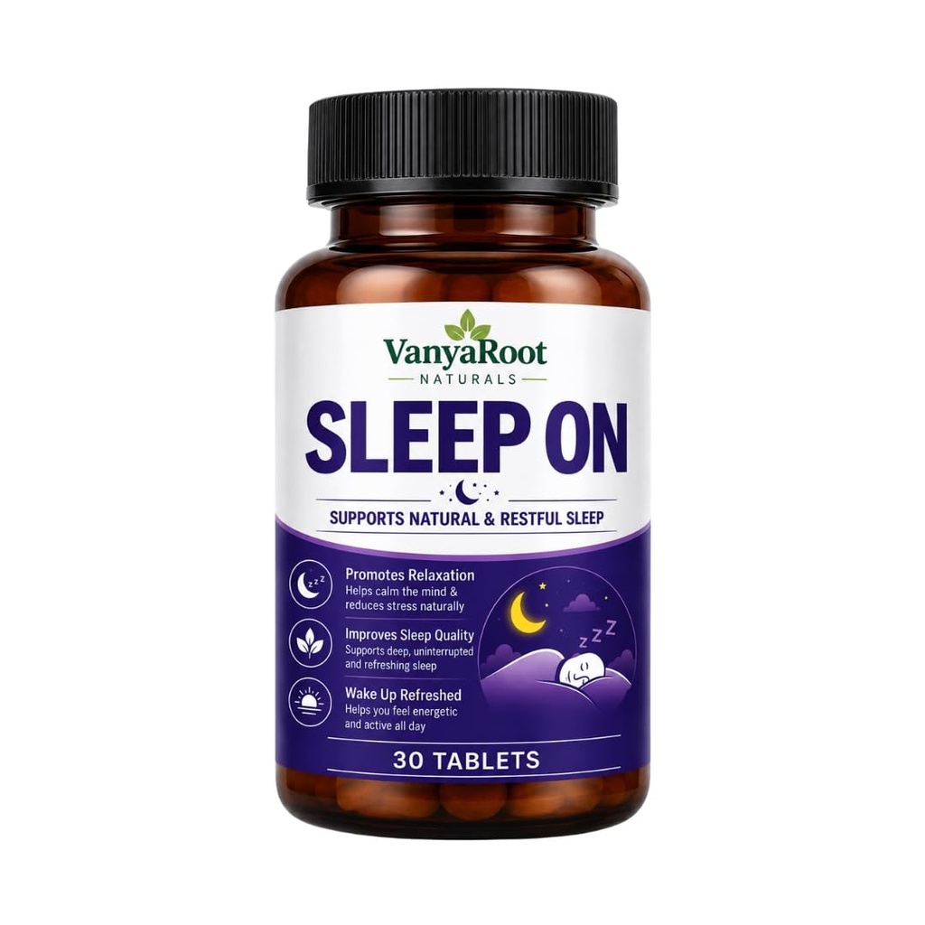 VanyaRoot Naturals Sleep On Tablets for Restful Sleep & Relaxation | Supports Deep Sleep, Stress Relief & Calm Mind | Herbal Sleep Support Supplement | Non-Habit Forming | 60 Tablets (Pack of 1)