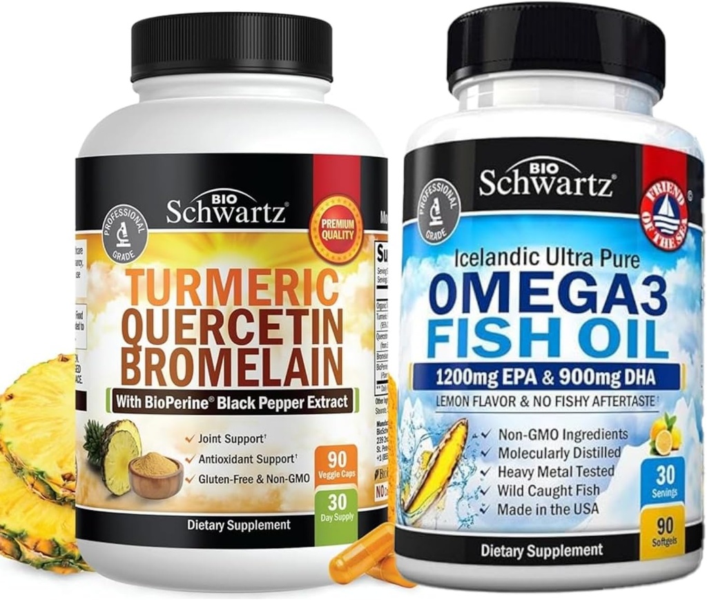 Quercetine curcuma avec supplément de bromelain (1 mois d'approvisionnement) Plus Triple force Oméga 3 Huile de poisson Softgels (1 mois d'approvisionnement)