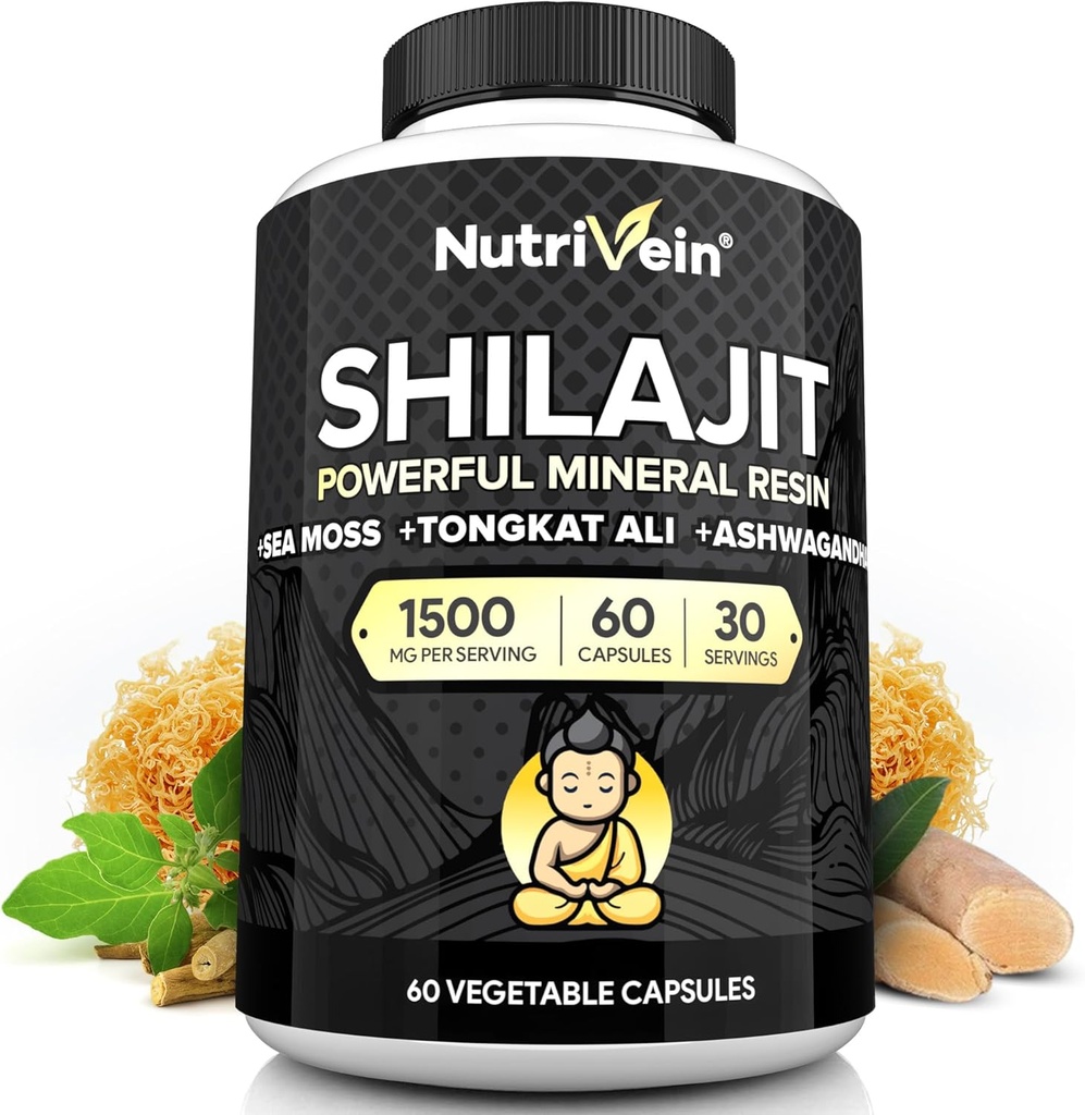 Nutrivein Premium Pure Himalayan Shilajit pour hommes et femmes - 1500 mg - 60 capsules- Extrait de résine puissant mélangé avec la mousse de mer irlandaise, Tongkat Ali, et Ashwagandha - Vitalité, clarté et performance