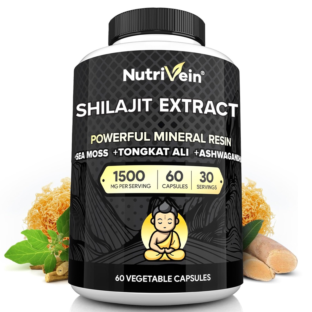 Nutrivein Premium Pure Himalayan Shilajit pour hommes et femmes - 1500 mg - 60 capsules- Extrait de résine puissant mélangé avec la mousse de mer irlandaise, Tongkat Ali, et Ashwagandha - Vitalité, clarté et performance
