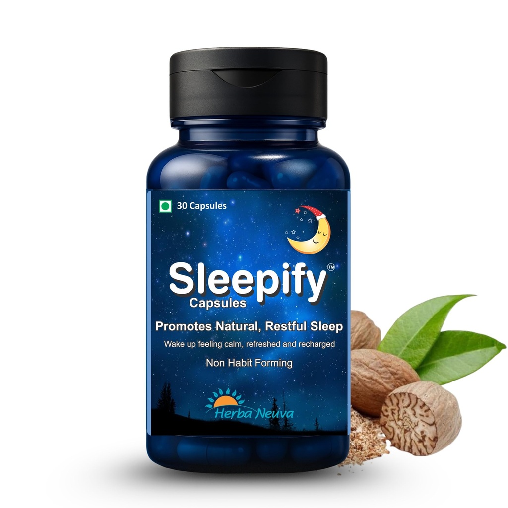 HERBA NEUVA Sleepify Sleep Aid Capsules | Herbal Sleep Supplement with Nutmeg, Shankhapushpi, Jatamansi and Brahmi for Deep Sleep, Stress Relief and Insomnia Support, Non-Habit Forming Herbal Formula for Adults, 30 Vegetarian Capsules