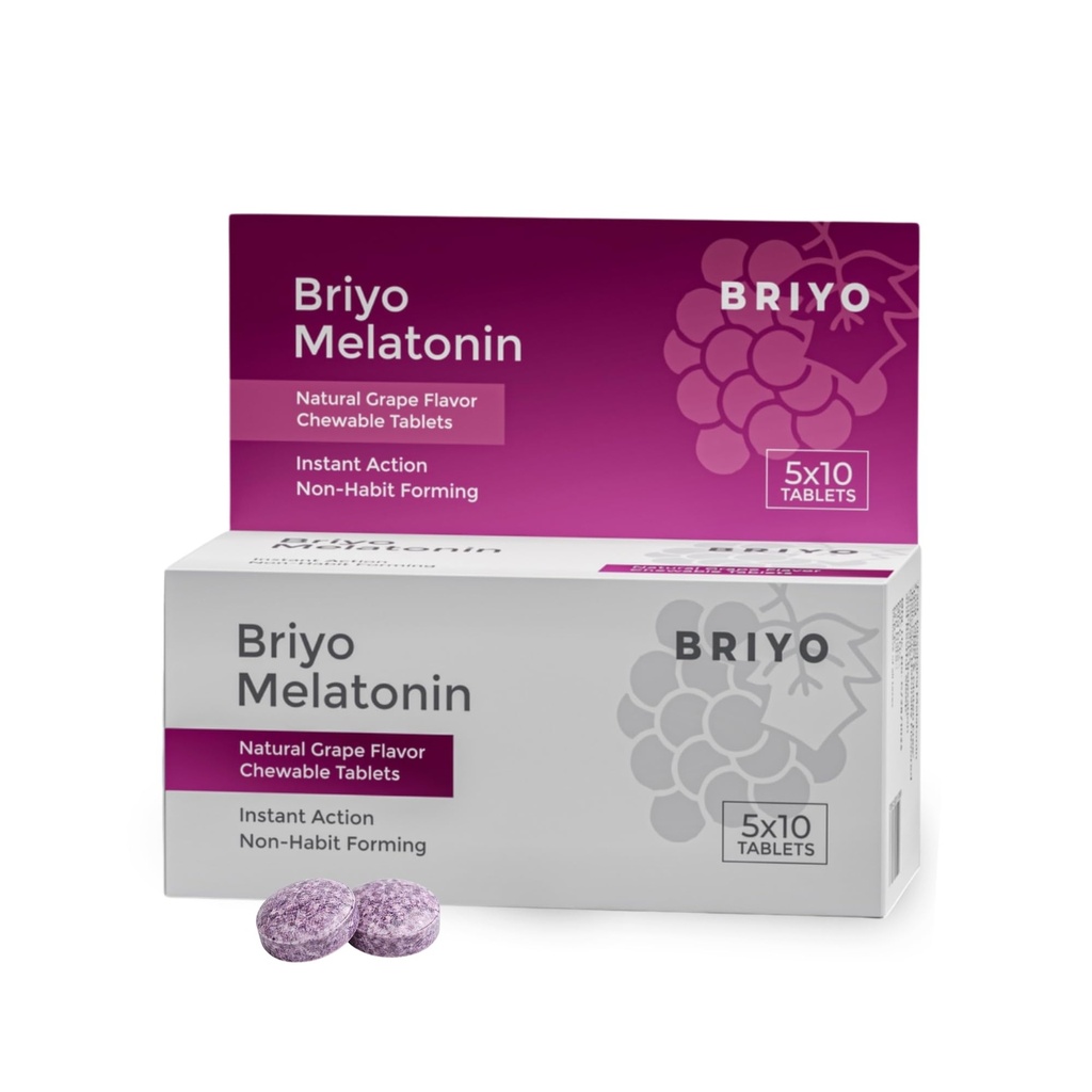 Briyo Melatonin 3 mg Natural grape flavoured Chewable Tablets - Fast-Acting Quick Dissolve Night time Relaxation & Restful Sleep Support - Sleep Aid - 50 Chewables pack