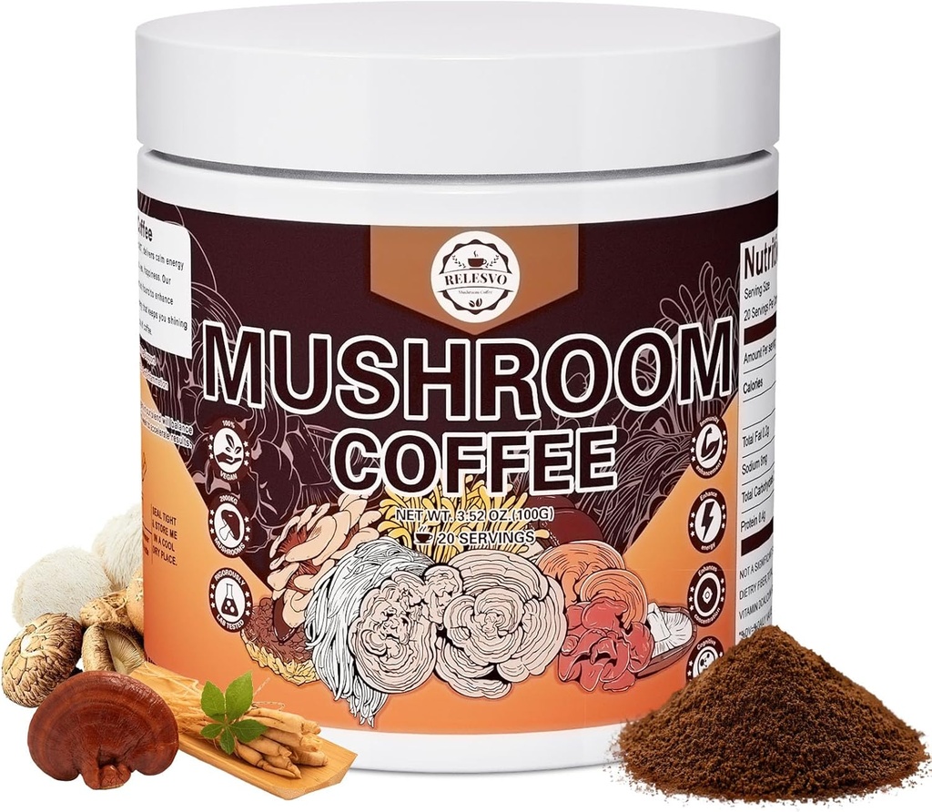 Café de Champignon, Café de Champignon instantané Mélange de Poudre de Champignon (20 portions) avec Cordyceps, Reishi, Lion's Mane, Shiitake, King Trumpet, Supplément de Champignon pour l'énergie, Focus, Immune Support