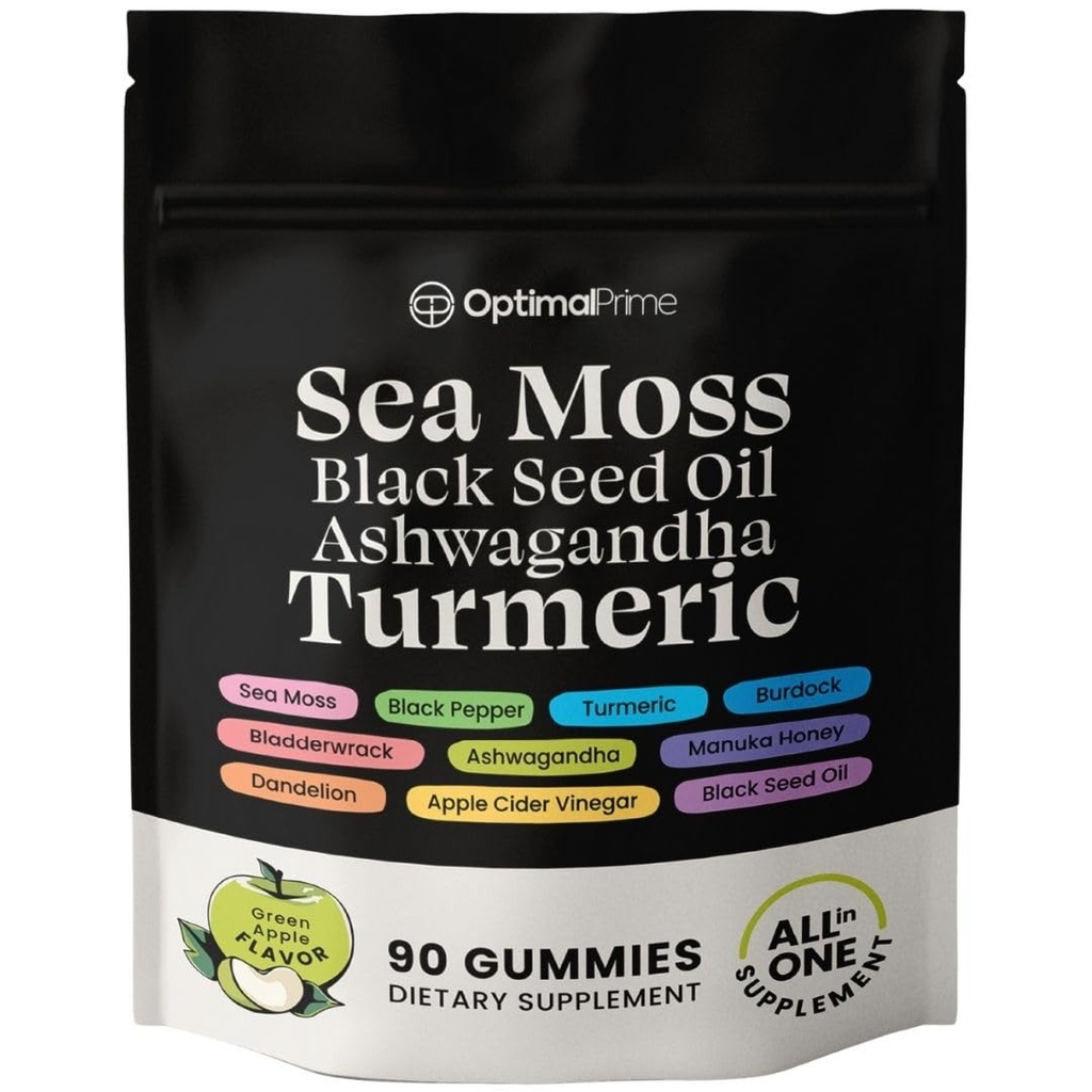 Mousse de mer et huiles de graines noires optimales, ashwagandha, curcuma, miel de Manuka, vinaigre de cidre, dandelion, poivre noir, dardock, bladderwrack, végétalien, 90 gummes 45 jours d'approvisionnement