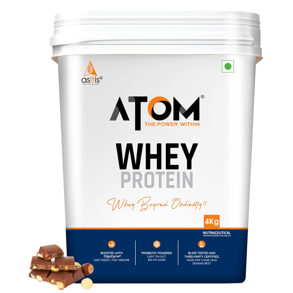 AS-IT-IS ATOM Whey Protein 4kg | 27g protein | Isolate & Concentrate | Choco Hazel Fusion | USA Labdoor Certified | With Digestive Enzymes for better absorption