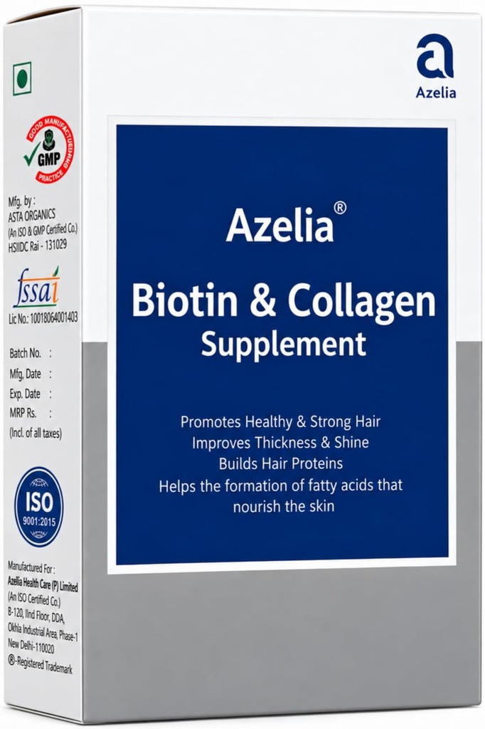 Azelia Biotin & Collagen Supplement 30 Tablets | Biotin 1000 mcg & Collagen 250 mg | With Vitamin C, Omega 3, Zinc & Amino Acids | Nutritional Support for Hair & Skin