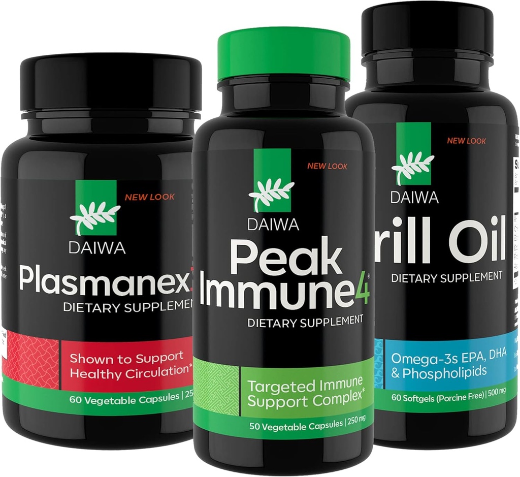 Daiwa Peak Immune 4 - Booster système d'Immune naturelle + Plasmanex 1 – Supplément de circulation sanguine + Huile de krill – Capsules d'huile de krill Omega 3