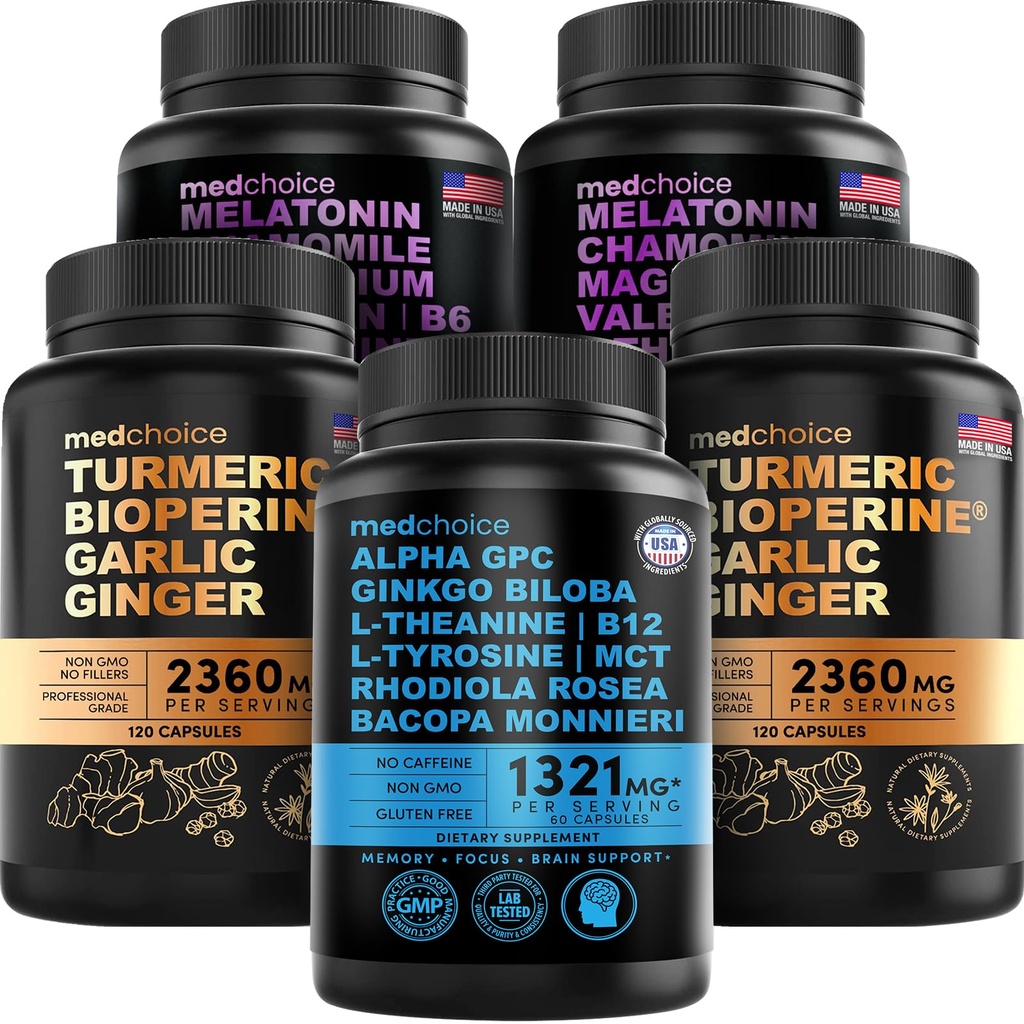 MEDCHOICE Turmeric & Ginger (240ct), Sleep Melatonine (180ct) et Cerveau Nootropique (60ct) Supplément Ensemble - Wellness Trio pour le cerveau, le sommeil et le soutien immunitaire - Vegan, non-OGM, sans gluten