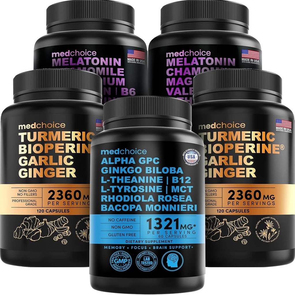 MEDCHOICE Turmeric & Ginger (240ct), Sleep Melatonine (180ct) et Cerveau Nootropique (60ct) Supplément Ensemble - Wellness Trio pour le cerveau, le sommeil et le soutien immunitaire - Vegan, non-OGM, sans gluten