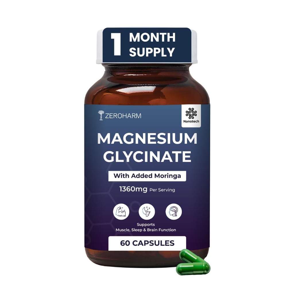 ZEROHARM Magnesium Glycinate Supplement | Plant-based Nano Magnesium Supplement with Moringa | Supports Muscle, Sleep & Brain Function | High Strength 1360mg (132mg Elemental) | 60 Veg Capsules
