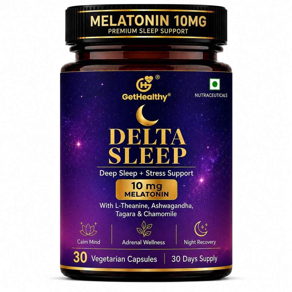 GetHealthy® Delta Sleep™ Sleep Support Supplement | Melatonin 10mg with L-Theanine, Ashwagandha, Tagara, Valerian, Chamomile, Hops, Tulsi & Vegan D3 | Calm Mind, Stress Support & Night Recovery | Lab Tested | 120 Capsules | 120 Day Supply