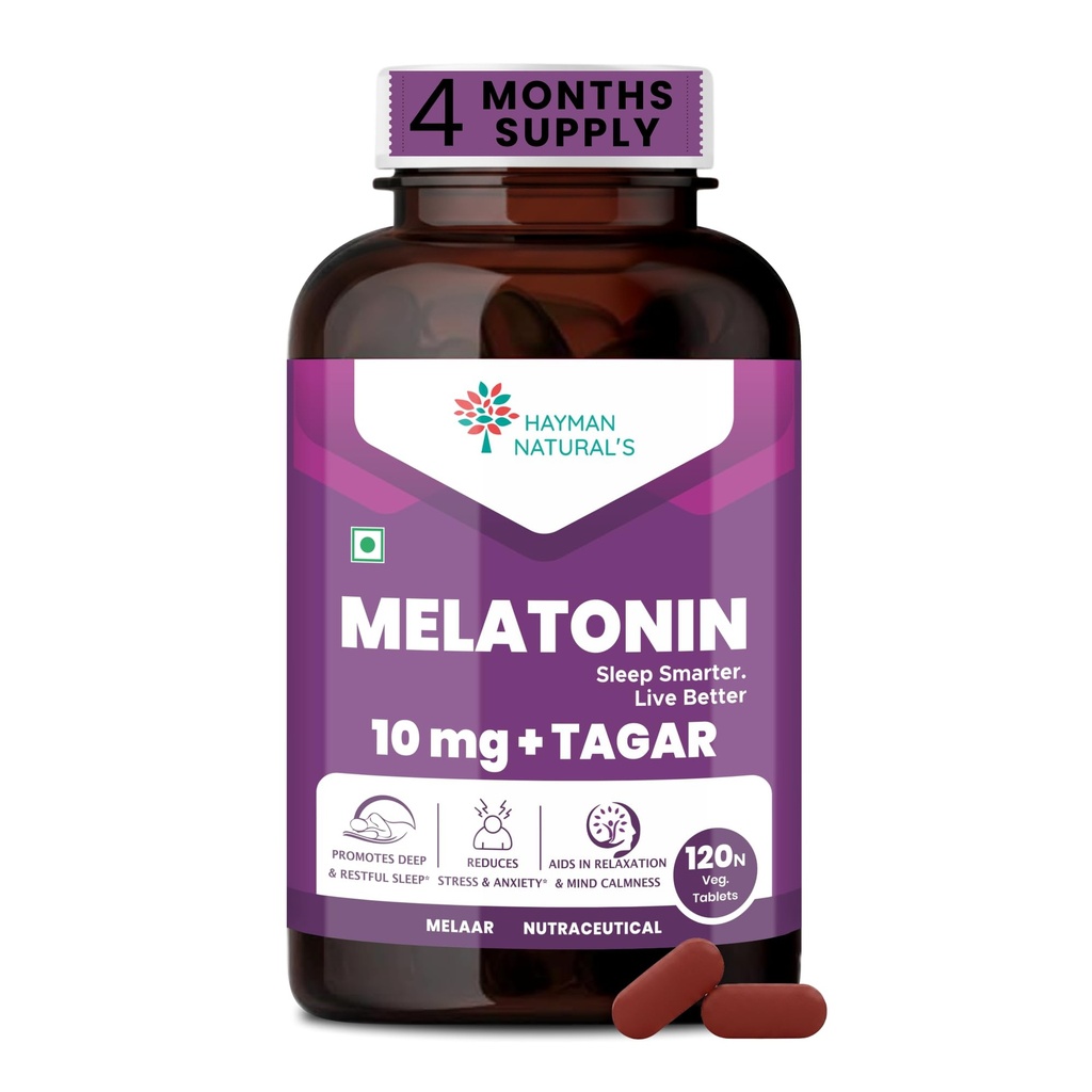 Hayman Natural's Melatonin 10 mg Sleeping Pills with Tagar 250 mg | Sleep Supplement for Men & Women | Melatonin Tablets for Restful Deep Sleep-120 Veg Tablets