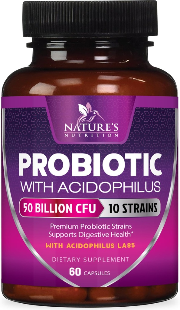 Probiotiques 60 milliards d'UFC par portion - 10 souches + prébiotiques - Santé digestive, Gut & Immune Support - Supports Constipation occasionnelle, gaz et ballonnement pour les femmes et les hommes Plateau stable - 60 capsules