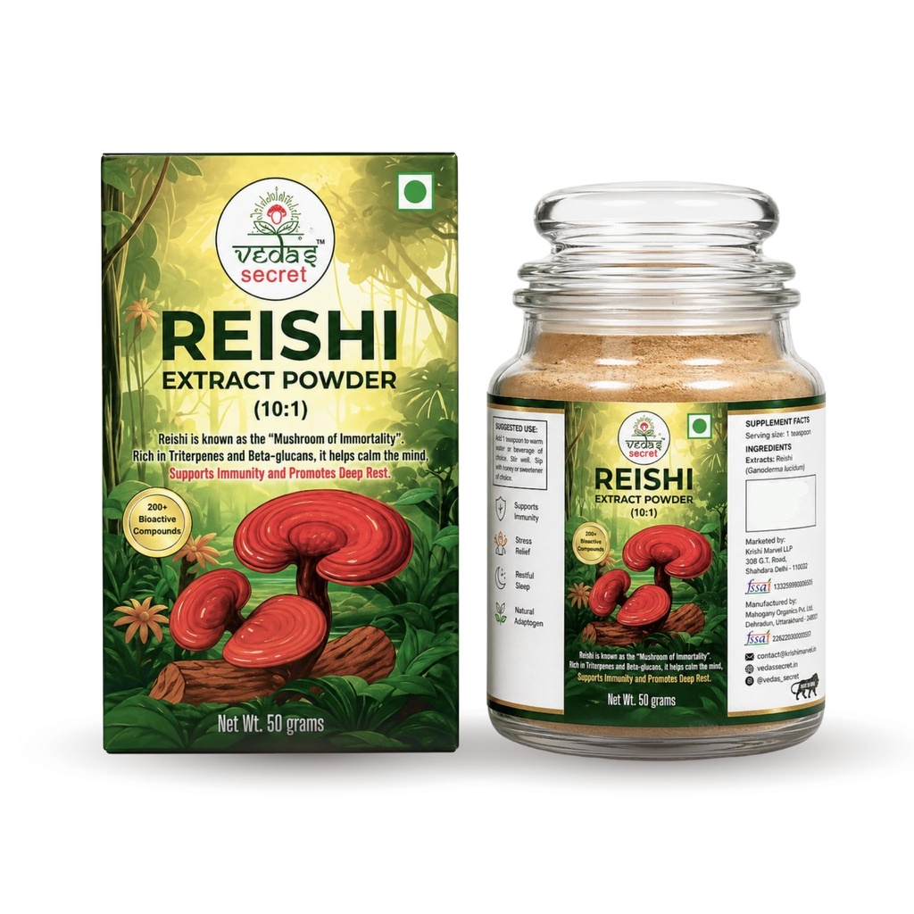 VEDA’S SECRET Reishi Dual-Extract Powder | 50g | MUSHROOM OF IMMORTALITY for Deep Sleep & Calm | with Ashwagandha & Cinnamon | Vegan, Gluten-Free, No Added Sugar