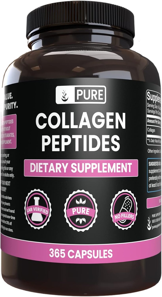 PURE ORIGINAL INGRÉDIENTS Collagène Peptides (365 Capsules) Pas de Magnésium ou de Rice Fillers, Toujours Pure, Verified Lab