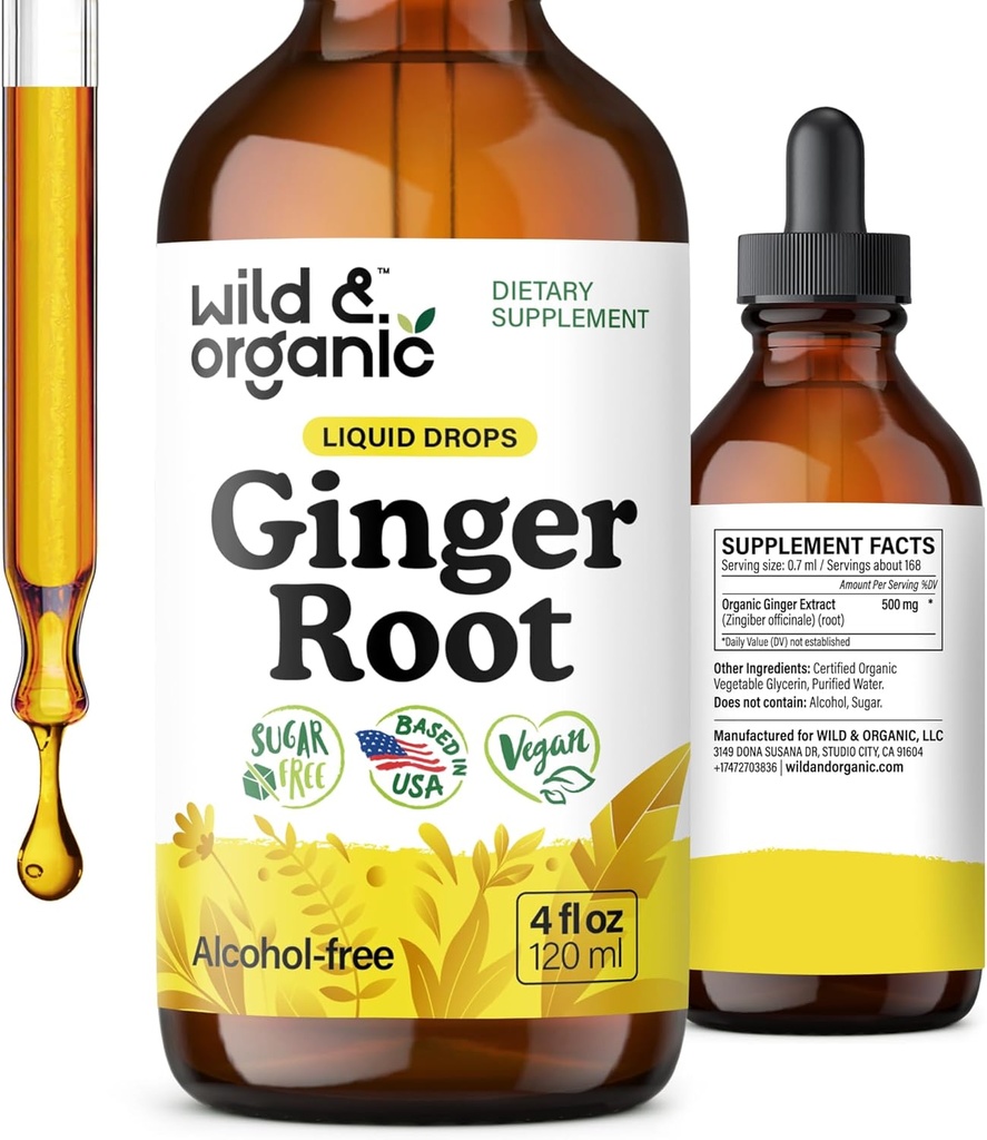 Wild & Organic Ginger Root Extract Drops - Immune & Digestive Support - Liquid Ginger Supplements - Vegan, Sugar & Alcohol-Free Tincture - 4 fl oz