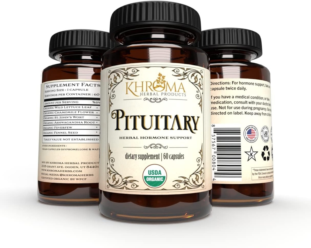 Mélange pituitaire biologique - 60 capsules de végétalien dans une bouteille de verre - pour un soutien pituitaire maximum - par Khroma Herbs