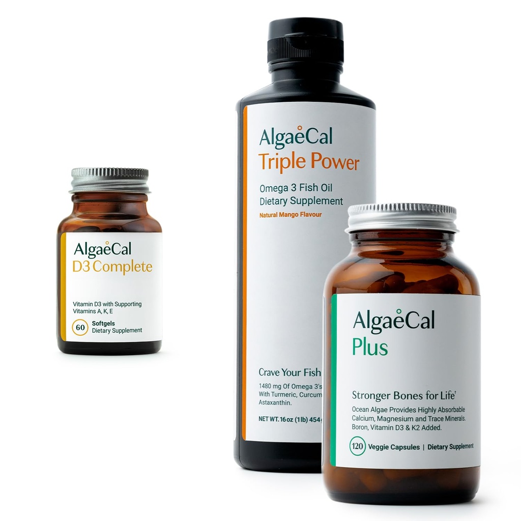 ALGAECAL Bundle - Vitamin D3 Complete (1000 IU) + Vitamins K2, E & A & Plant-Based Calcium for Stronger Bones & Fish Oil Omega 3 1200mg EPA DHA