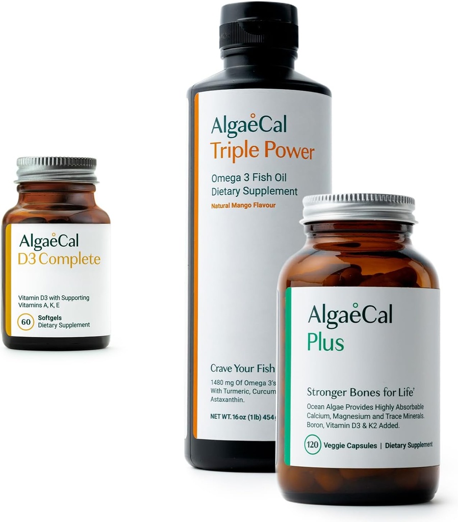 Ensemble ALGAECAL - Vitamine D3 Complete (1000 UI) + Vitamines K2, E & A et Calcium à base végétale pour les os plus forts et l'huile de poisson Oméga 3 1200mg EPA DHA