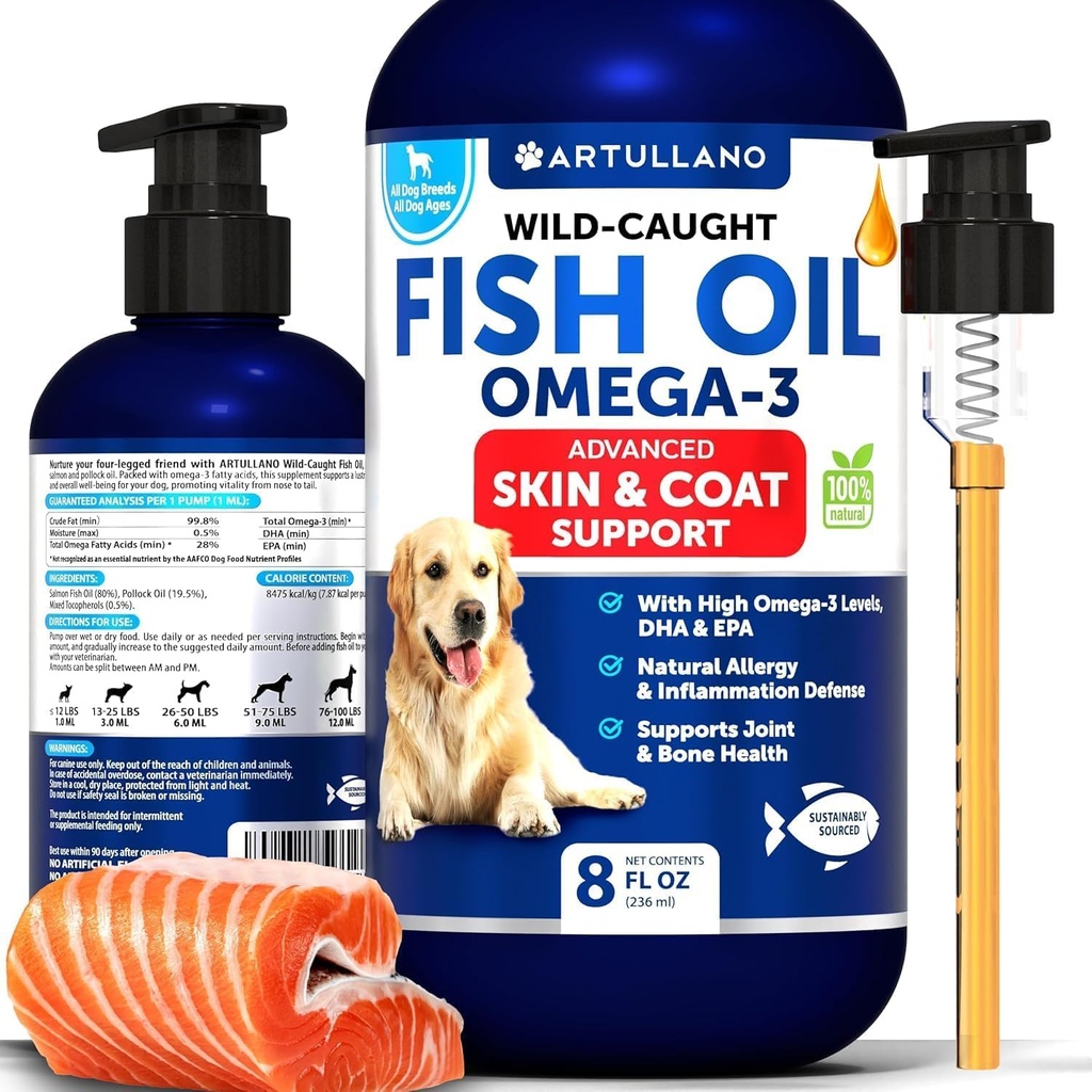Omega 3 Huile de poisson pour chiens - Meilleur que l'huile de saumon - Supplément liquide de défense de la peau et du manteau pour le soulagement de l'allergie - Haute EPA et DHA pour Shedding, Mobilité, Démangeaisons, Joint & Bone Health Support - 8 FL OZ