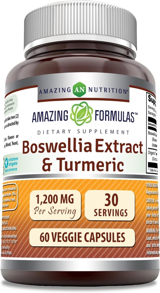 Formules étonnantes Boswellia Extract & Turmeric Supplement $ 1200 Mg par service $ 60 Capsules Veggie $ Non-GMO $ Sans gluten $ Fabriqué aux États-Unis $