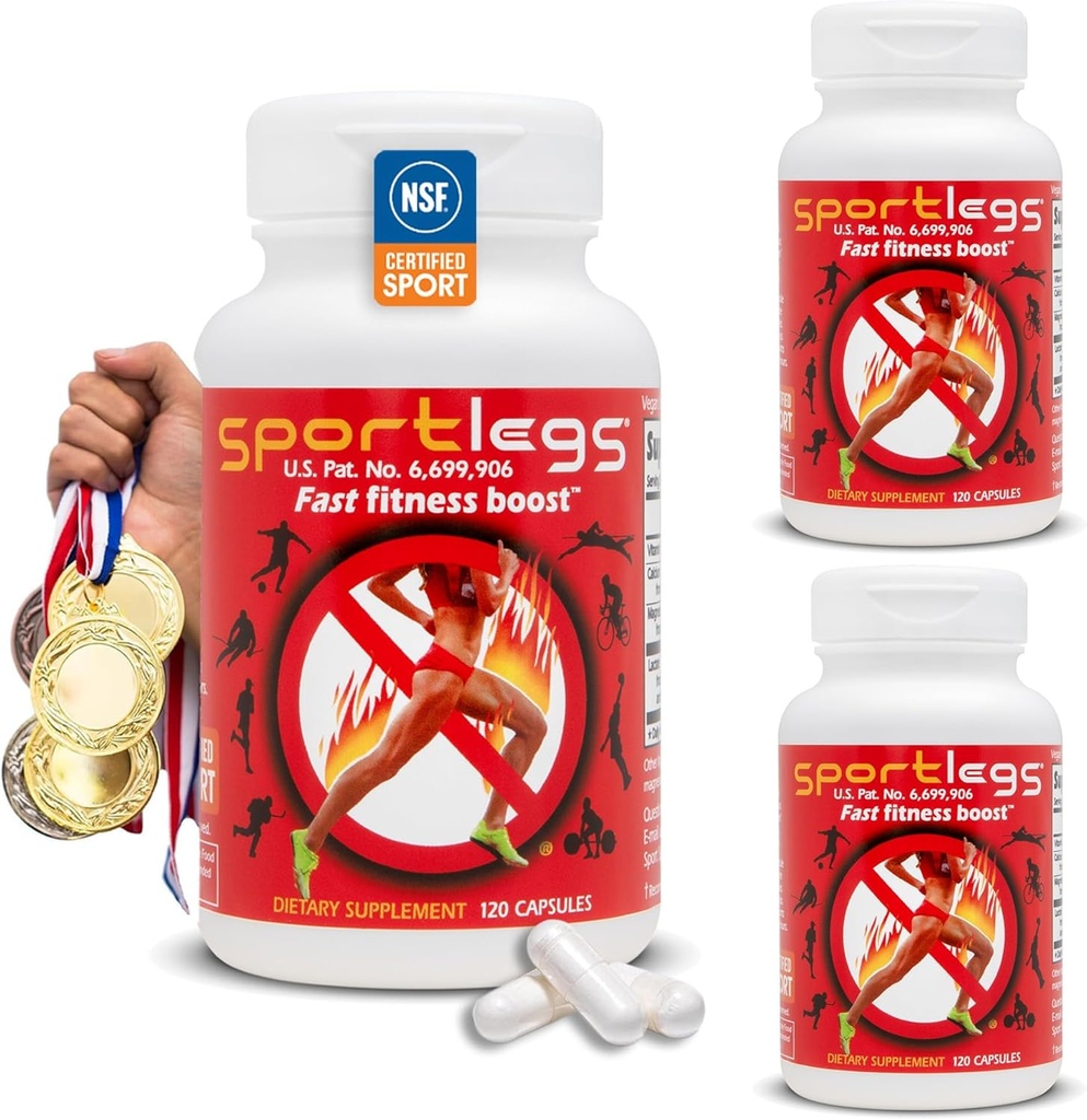 SPORTLEGS Fast Fitness Boost Pre Workout pour les hommes et les femmes, supplément acide lactique, carburant d'endurance sportive, suppléments d'endurance pour les coureurs - NSF certifié pour le sport, bouteille 120-Capsule, pack de 3