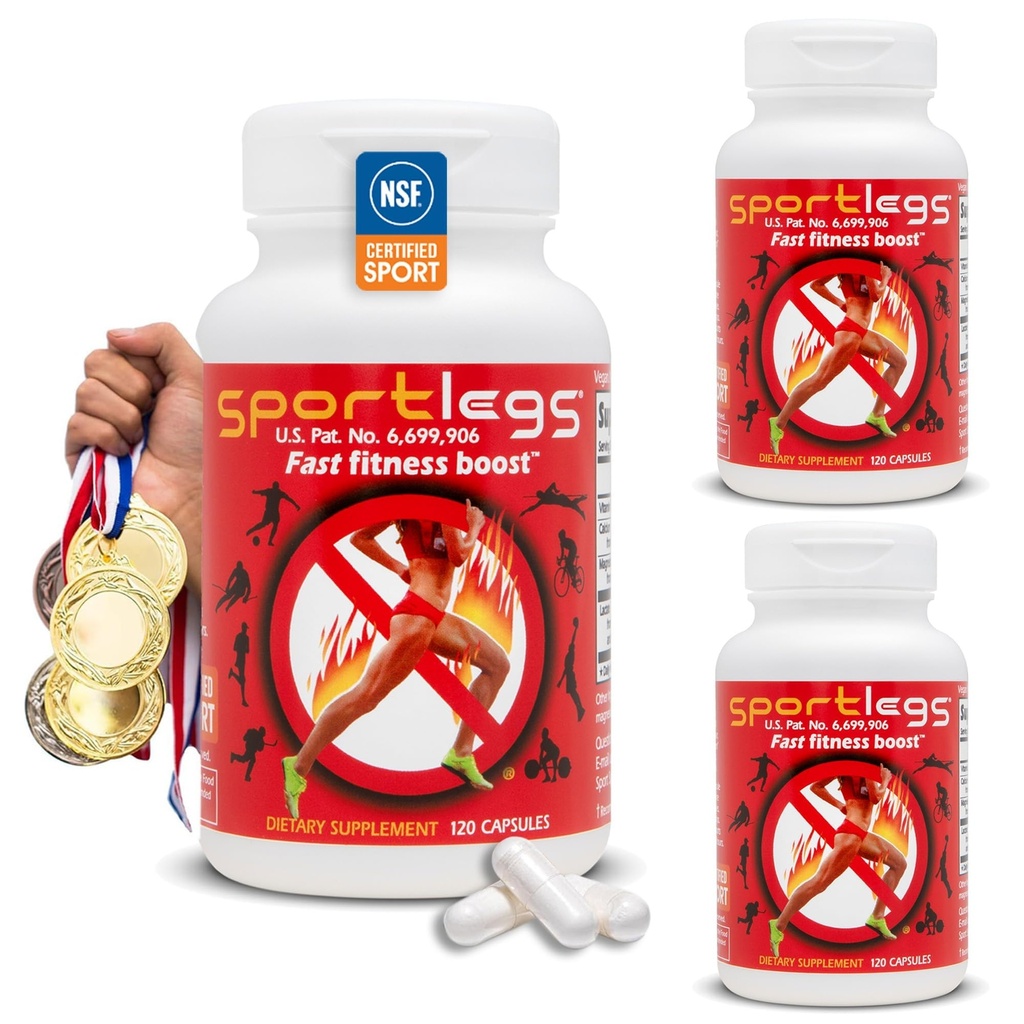 SPORTLEGS Fast Fitness Boost Pre Workout pour les hommes et les femmes, supplément acide lactique, carburant d'endurance sportive, suppléments d'endurance pour les coureurs - NSF certifié pour le sport, bouteille 120-Capsule, pack de 3