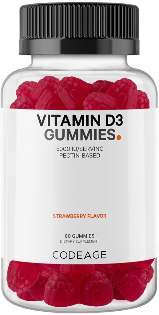 Codeage Vitamine D3 Vitamines gommy, Vitamine D3 5000 UI Gummies Cholecalciferol 125 mcg - 2 mois - Vitamines douces à base de pectines, sans gélatine animale Gummy, fraise, sans gluten - 60 gummes