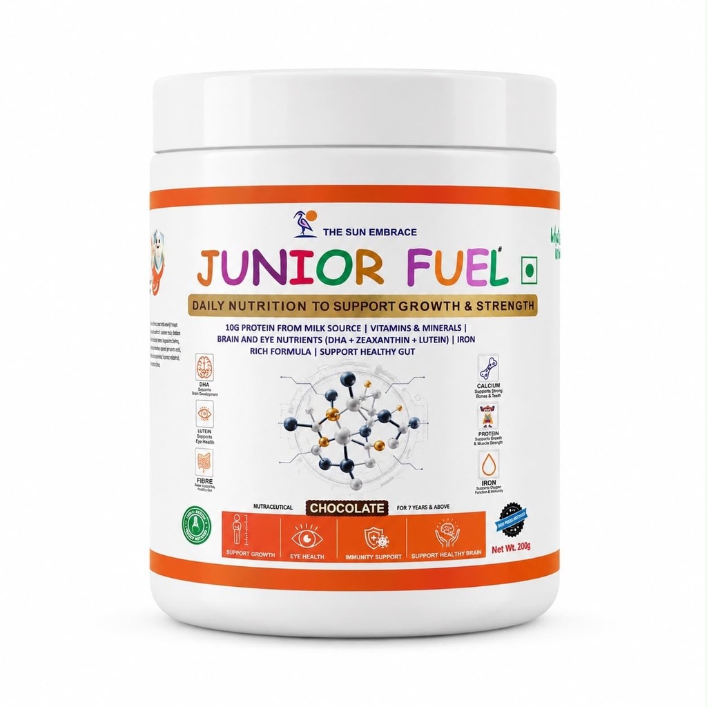 Sun Embrace Junior Fuel Kids Protein Nutritional Super Powder | 10g Protein with DHA, Vitamins & Minerals | Chocolate Flavour | With Almonds, Walnuts, Dates, Ragi & Bajra | For Kids 7+ Years | 200g