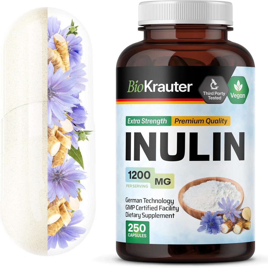 Capsules de poudre d'inuline BIO KRAUTTER - Inuline Fibre prébiotique 1200 mg Résistance - 250 Compte - Suppléments de fibre soluble pure - Capsules de fibre de racine de chicorée pour le soutien digestif - Vegan