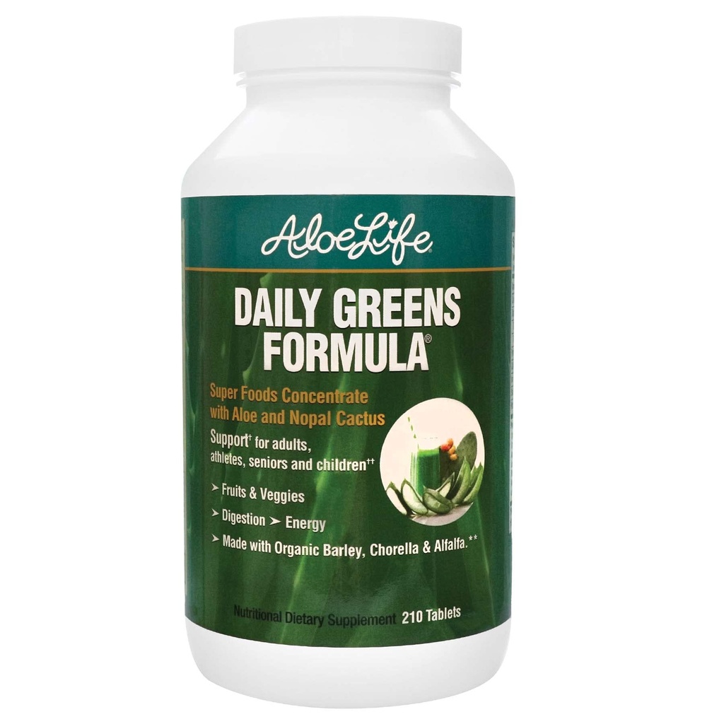 Aloe Life - Comprimés de vert quotidien, supplément certifié pour la santé biologique, antioxydants, 21 fruits, légumes et herbes, y compris les cactus d'aloe et de nopal, faible calorie, amis kéto, sans gluten (210 comprimés)