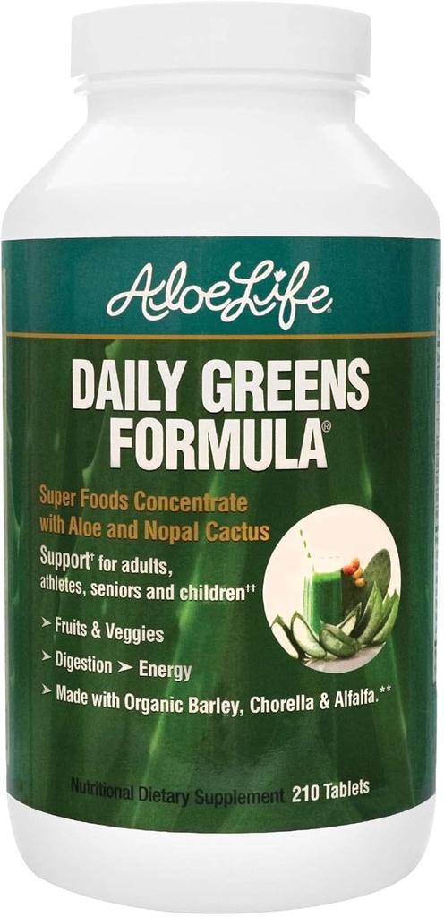 Aloe Life - Comprimés de vert quotidien, supplément certifié pour la santé biologique, antioxydants, 21 fruits, légumes et herbes, y compris les cactus d'aloe et de nopal, faible calorie, amis kéto, sans gluten (210 comprimés)