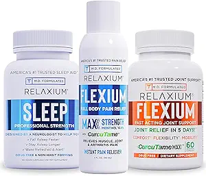 Relaxium Sleep Aid 60 Capsule + Flexium Fast Aging Joint Support 60 Capsule + Flexium Instant Spray pour la douleur, Max Strength avec 10,5% Menthol & CurcuTame 90 ml (Family Pack Sleep & Joint Bundle)