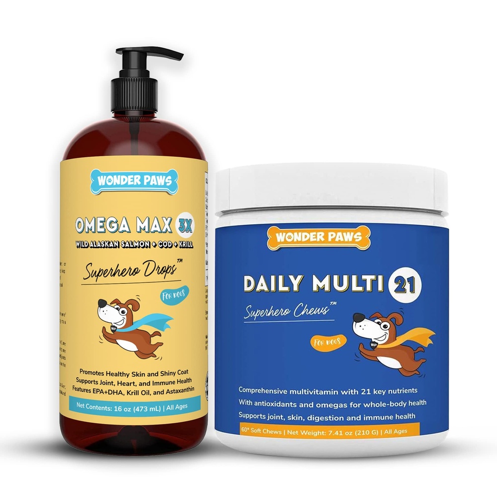 WONDER PAWS Omega Max Fish Oil Plus Daily Multivitamin Chews - pour la santé du chien, l'humidité de la peau, le système immunitaire et le bien-être quotidien - Omega Max 16 Onces - Multivitamine 60 Chews