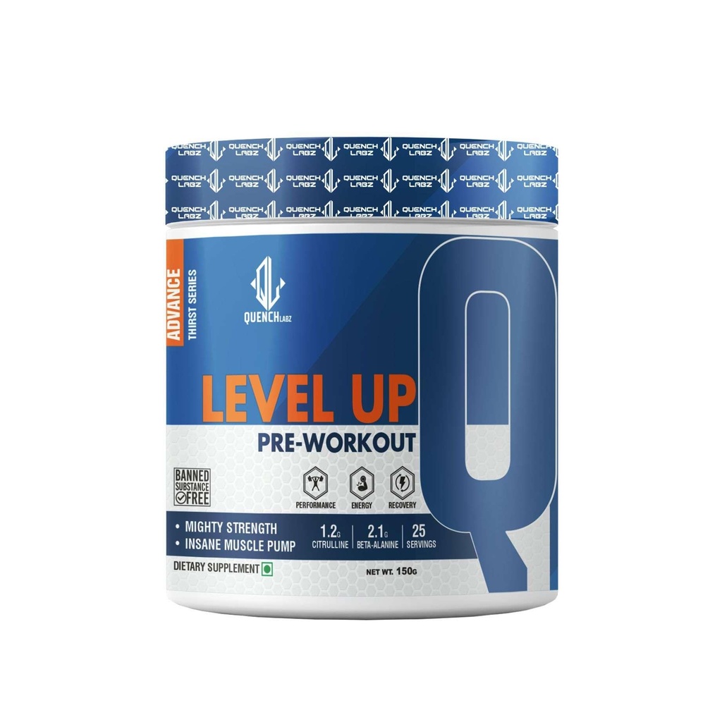 QUENCHLABZ LEVEL UP PRE WORKOUT - WATER MELON Flavour, 150g | Performance Boost, Energy, Focus, Endurance | Pre-Workout with Beta-Alanine, L-Citrulline & Creatine | No Banned Substances, 25 Servings