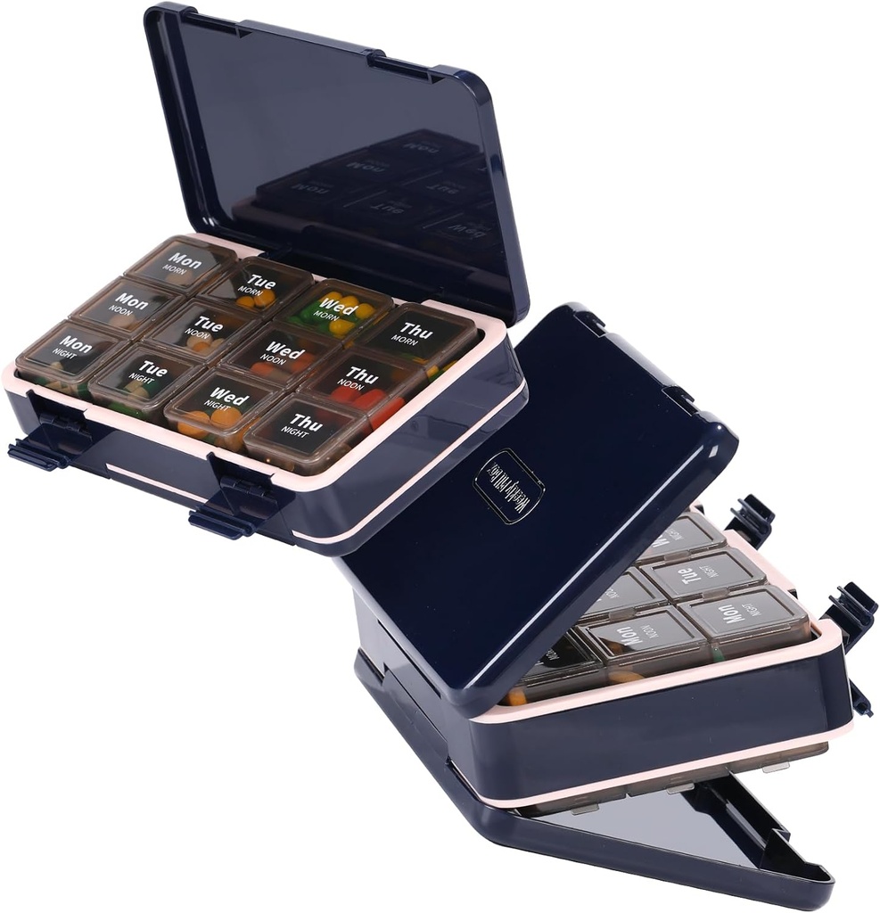 Organisateur de pilules 3 fois par jour, Boîte à pilules hebdomadaire Organisateur de médicaments, Voyage double côté 7 jours cas de pilule avec sauvegarde une journée tenue, pour les huiles de poisson, supplément de support de vitamine