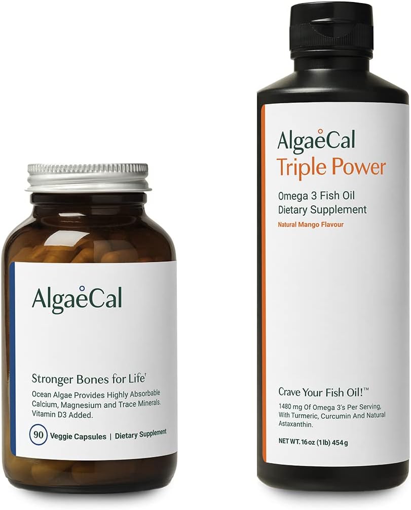 AlgaeCal Bundle - Plant Based Calcium Supplement with Vitamin D3 for Bone Health & Strength & Triple Power Omega-3 Fish Oil Natural Liquid Emulsion with EPA & DHA, Curcumin, Astaxanthin