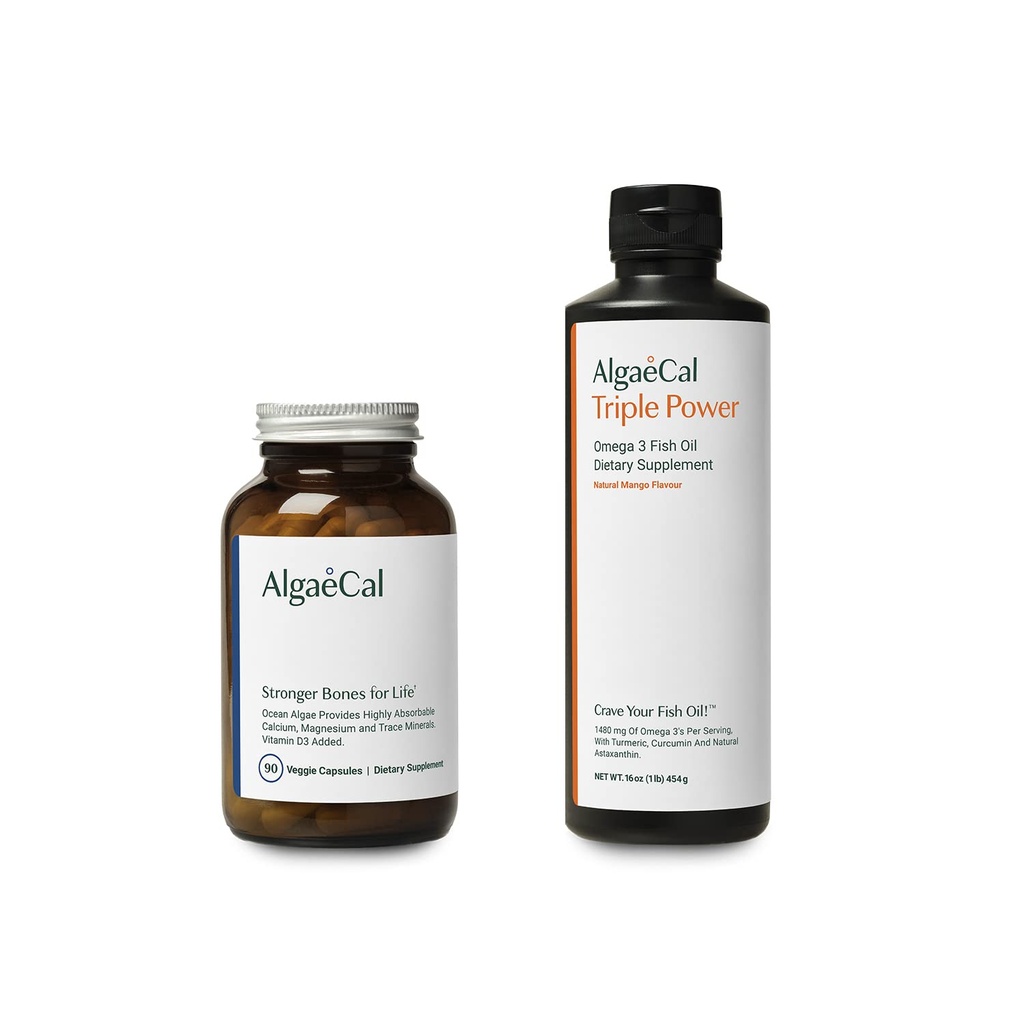 AlgaeCal Bundle - Plant Based Calcium Supplement with Vitamin D3 for Bone Health & Strength & Triple Power Omega-3 Fish Oil Natural Liquid Emulsion with EPA & DHA, Curcumin, Astaxanthin