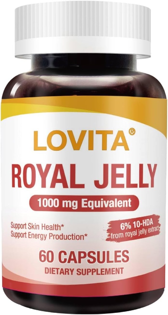 Lovita Royal Jelly 333 mg, 3:1 Concentré, avec 20mg 10-HDA, Source naturelle Super aliment, soutient la santé de la peau et la production d'énergie, 60 Capsules