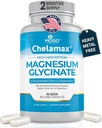 Chélamax Magnésium Glycinate. Source de la mer Morte, 100% Magnésium chélaté pour le sommeil, Crampes musculaires, Santé des os. Fabriqué aux États-Unis, 3ème partie testée, Sans métal lourd, Glicinato de Magnesio Capsules.