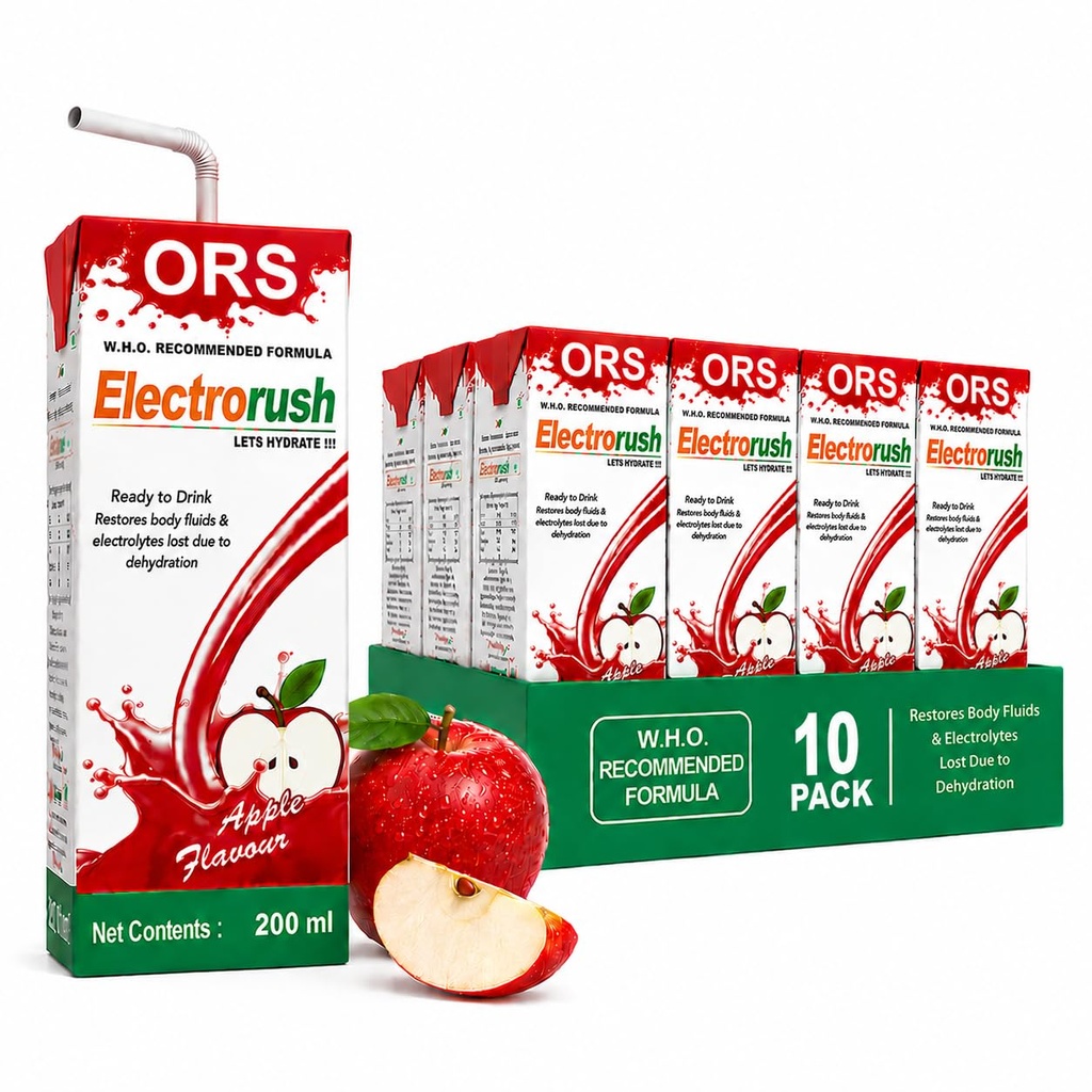 Electrorush ORS Ready to drink | WHO Recommended Formula | Apple Flavour, Pack of 10(200 ml each)