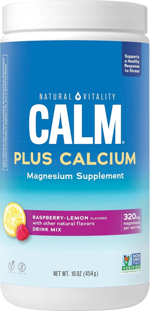 Vitalité naturelle Calme, supplément de magnésium et de calcium, poudre de mélange de boisson soutient une réponse saine au stress, sans gluten, végétalien et non-OGM, citron framboise, 16 oz
