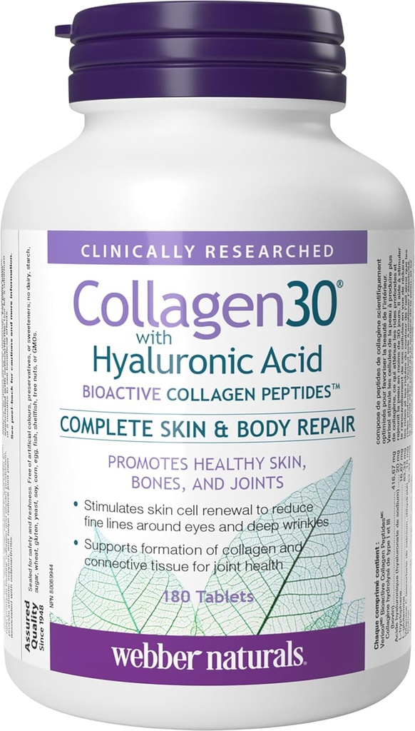 Webber Naturals Collagen30 avec acide hyaluronique, peptides de collagène bioactif, 180 comprimés, aide à réduire les rides des yeux et la ligne faciale fine, non OGM
